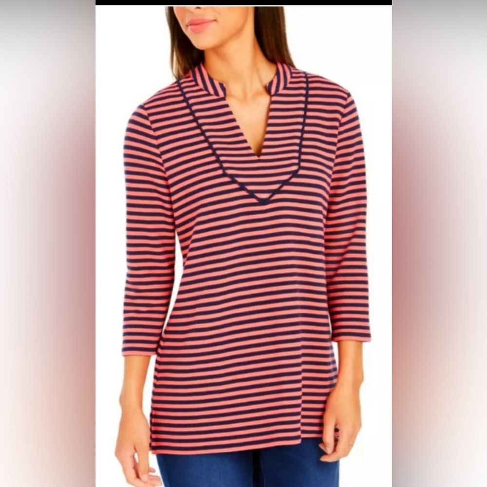 NWT Charter Club Women's Striped Split Neck 3/4 Sleeve Knit Top Tuscon Coral